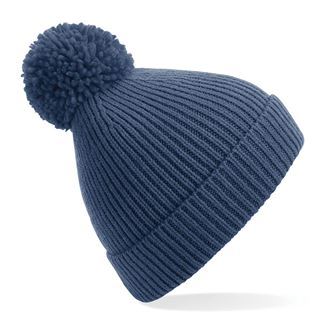 Engineered knit ribbed pom pom beanie